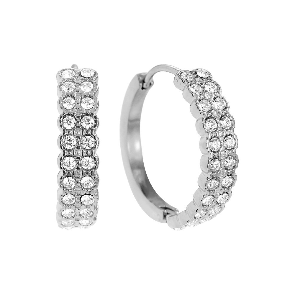 Stainless steel earrings, 21 mm, half-set, double-row, cubic zirconia