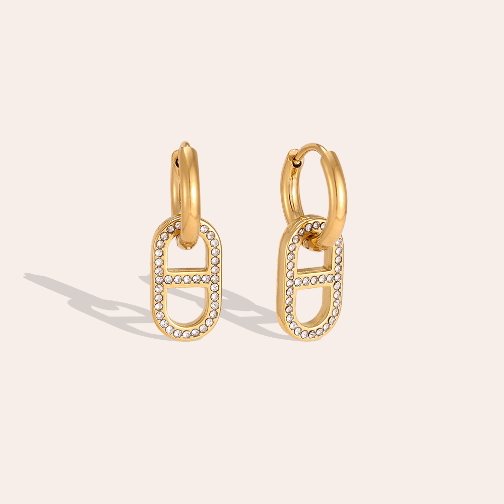 Stainless steel earrings, 22×12 mm, oval zirconia link 
