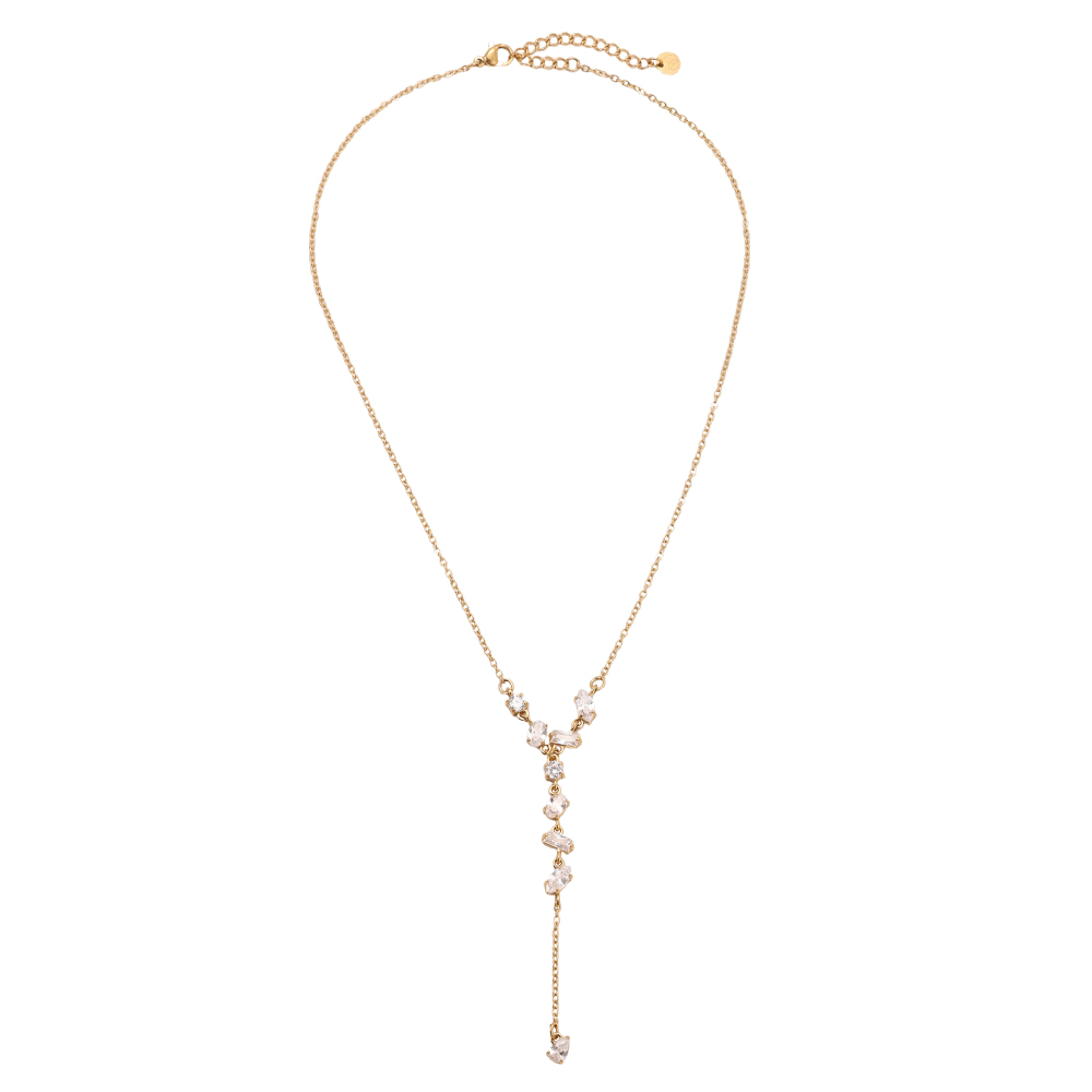 Stainless steel necklace, 40 cm, featuring various shapes and sparkling cubic zirconia