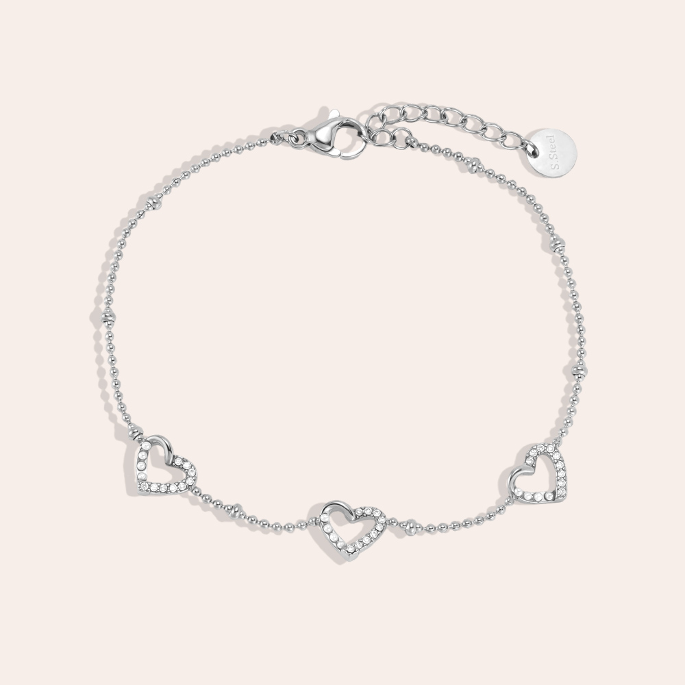 17cm stainless steel bracelet with a heart, pearls and half a rhinestone