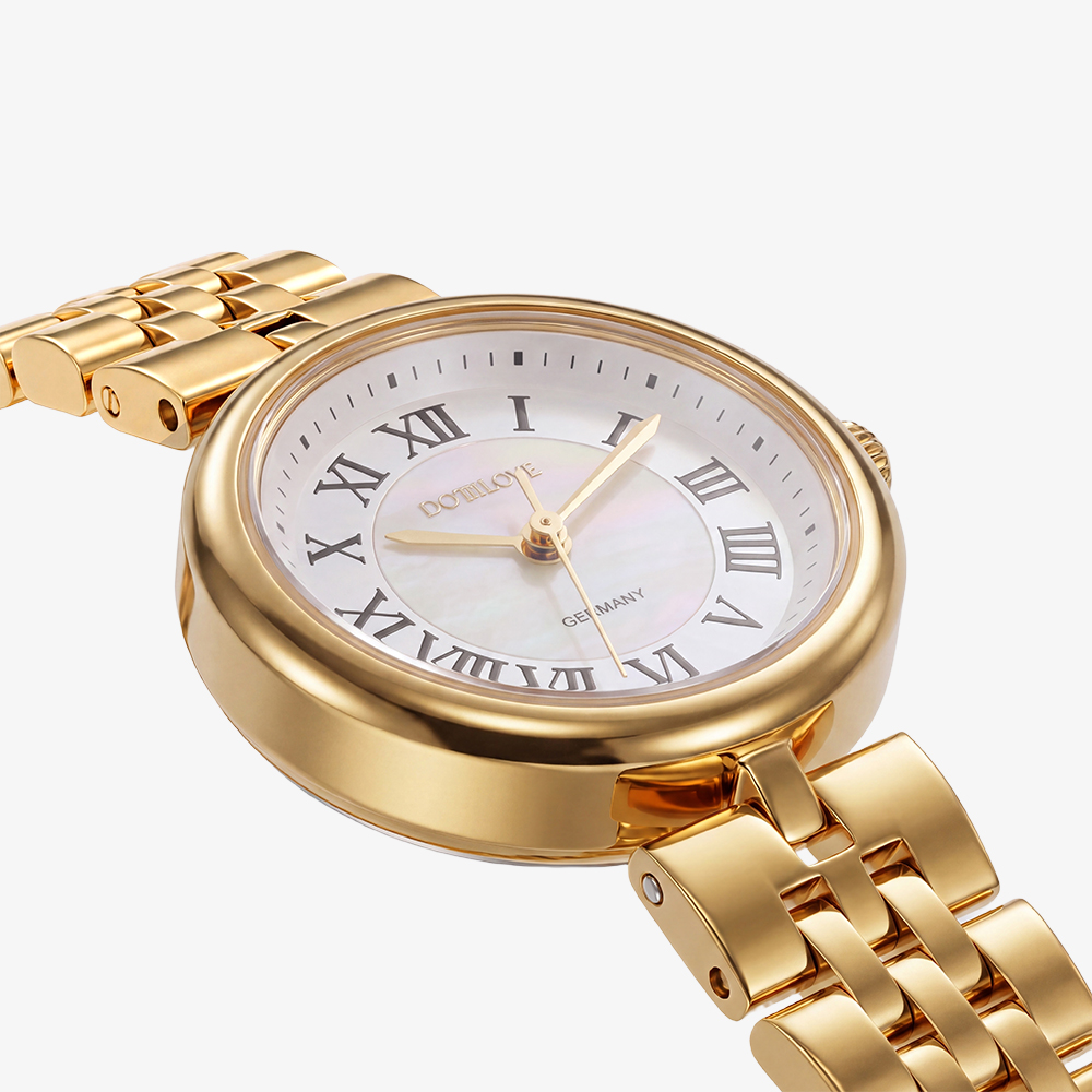 Round stainless steel watch with mother-of-pearl dial