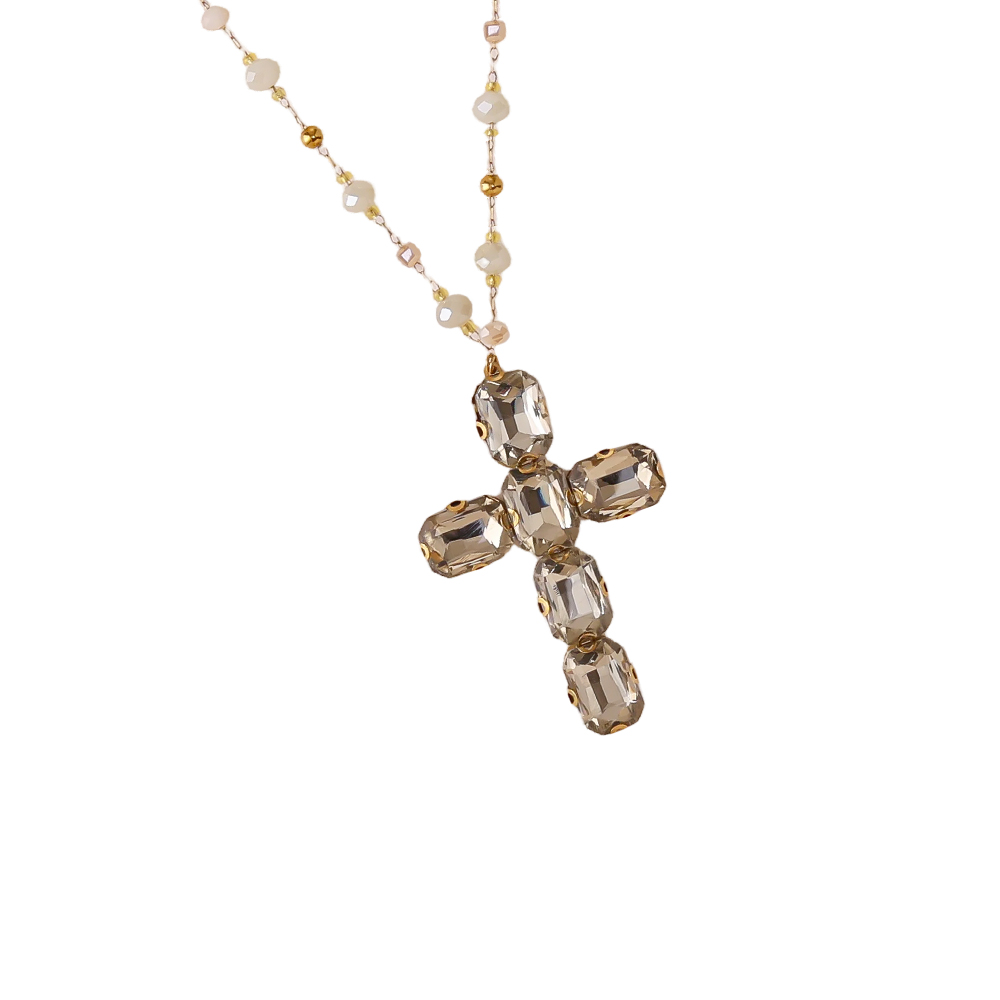 Stainless steel necklace 86cm glass crystal cross 