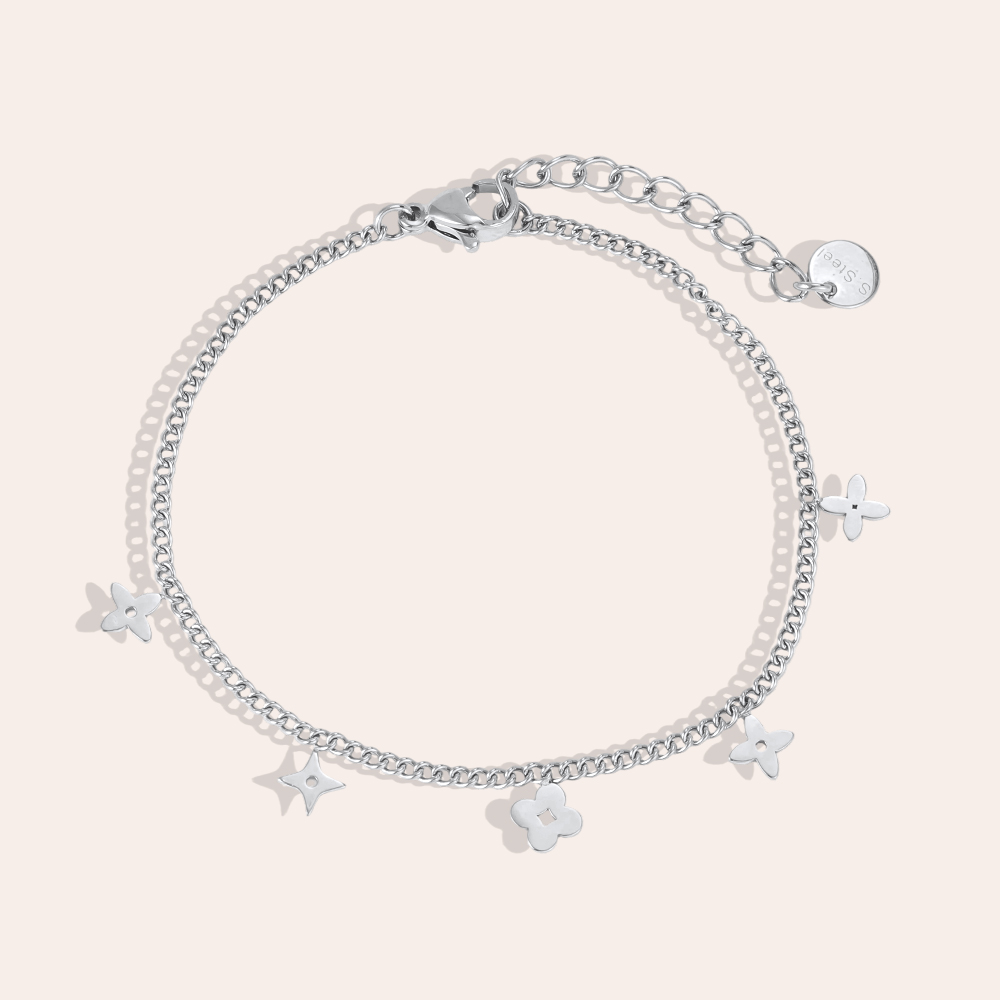 Stainless steel bracelet, 15 cm, featuring various four-leaf clovers