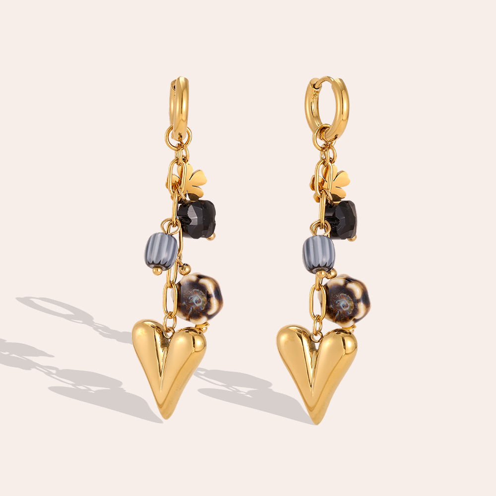 Stainless steel earrings, 66 × 16 mm, with golden hearts and flowers