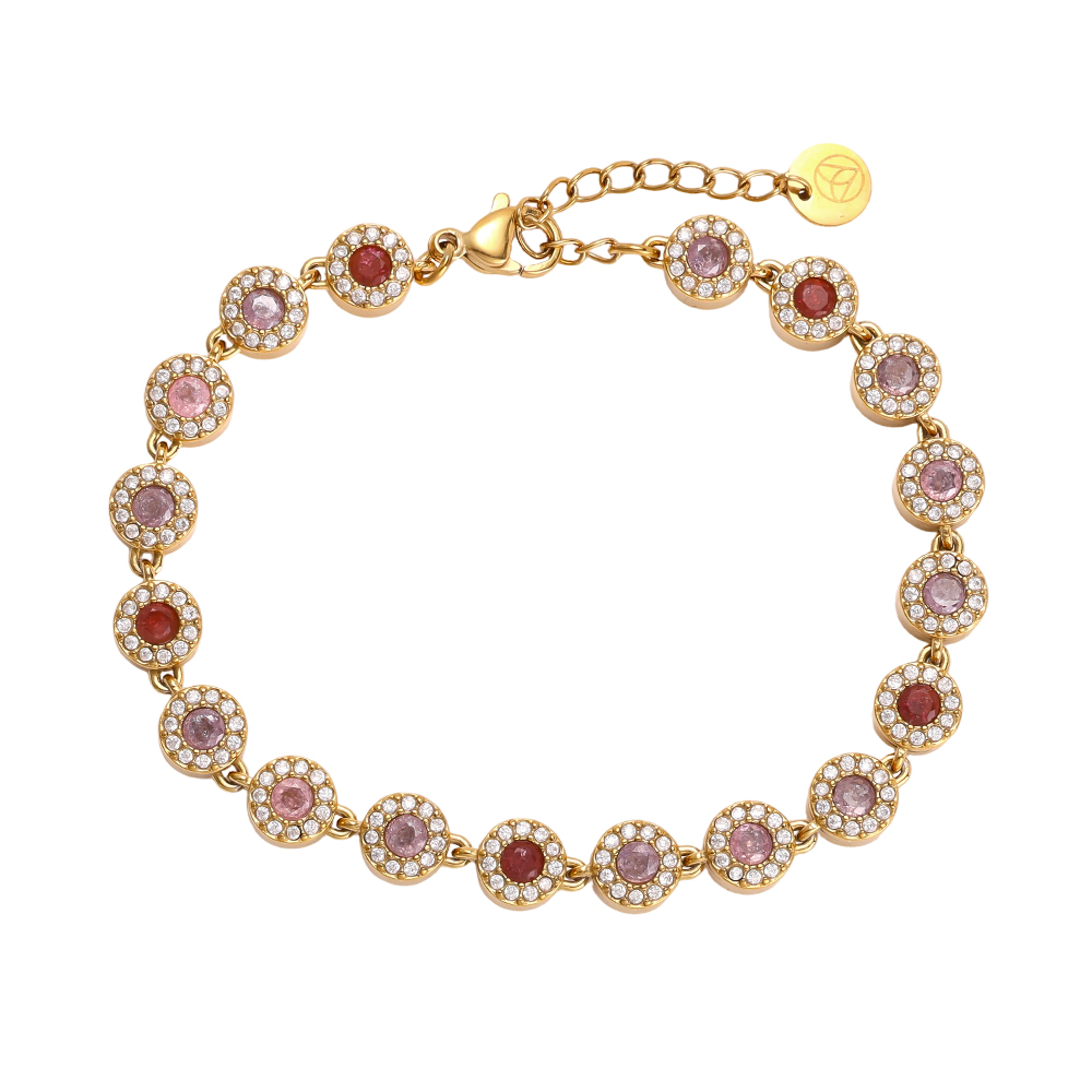 Stainless steel bracelet, 17 cm, in shades of pink, with round, sparkling zirconia stones     