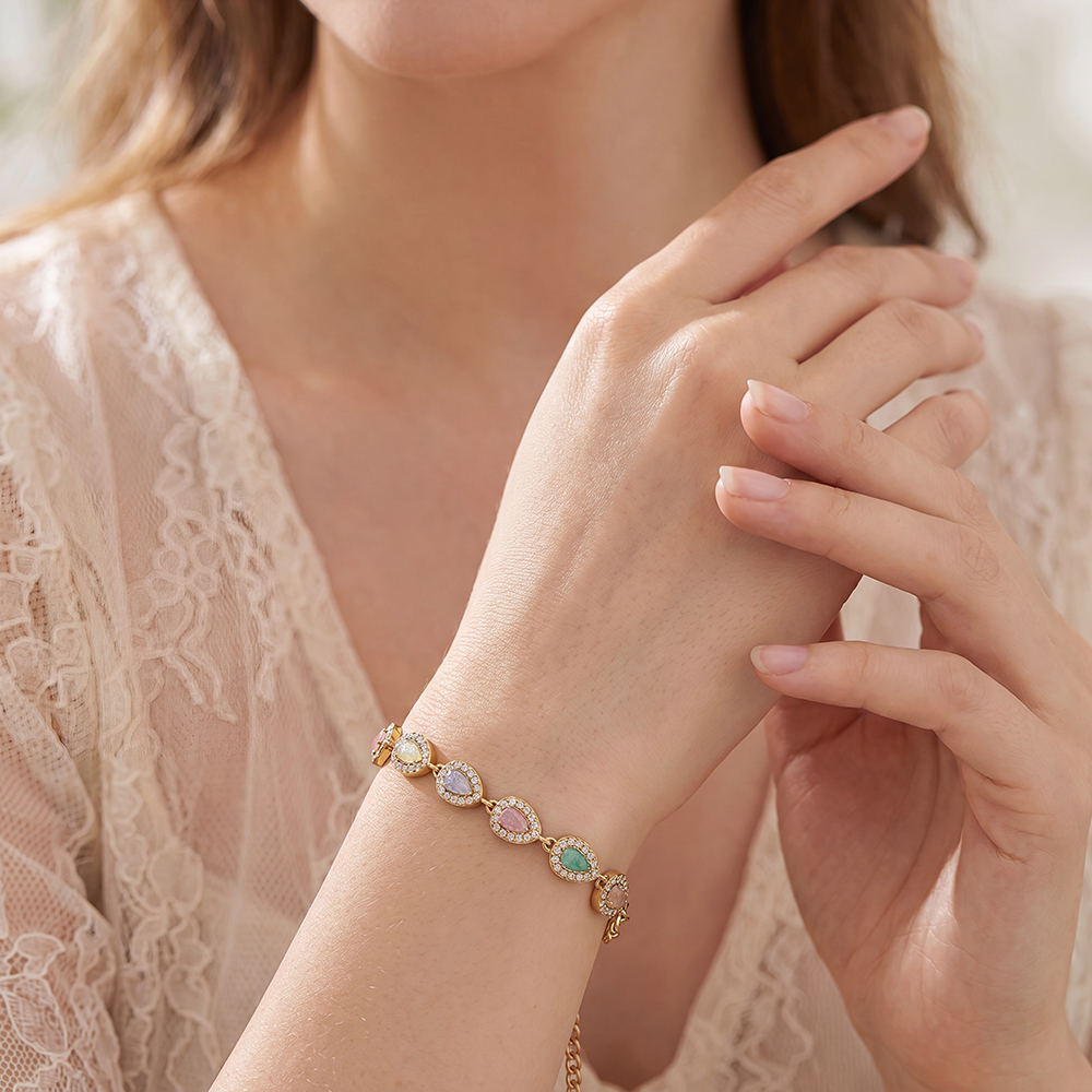Stainless steel bracelet, 17 cm, with colourful teardrop-shaped cubic zirconia     
