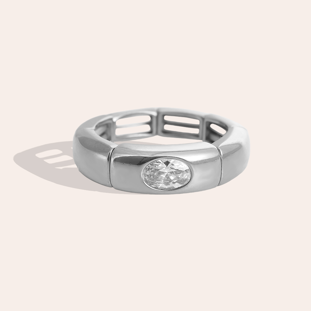 Stainless steel ring Adjustable one oval cubic zirconia wider