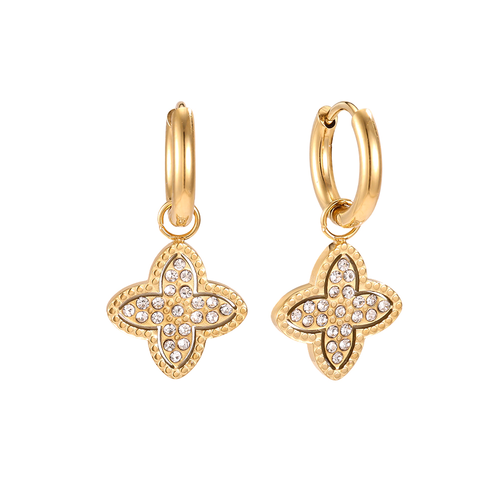 Stainless steel earrings, 25×13 mm, cubic zirconia, four-leaf clover design