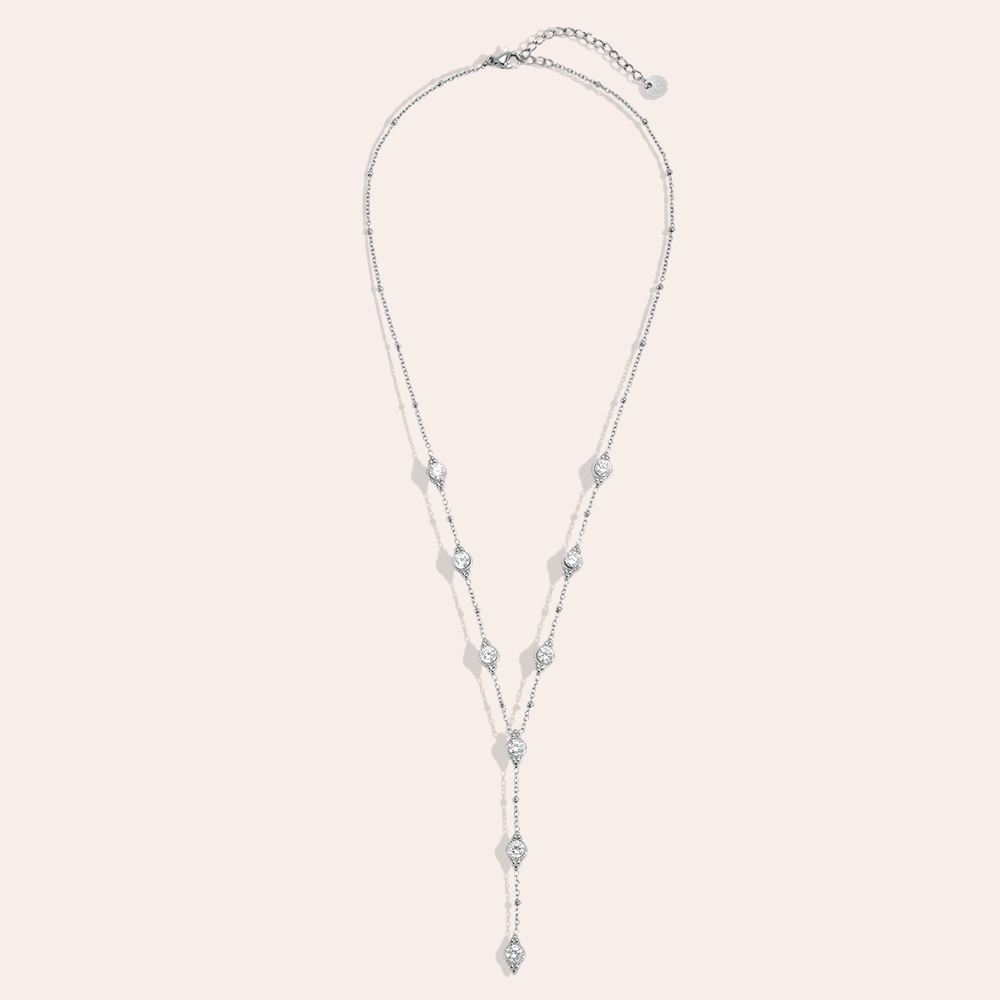 Stainless steel necklace, 41 cm, with several sparkling round cubic zirconia stones