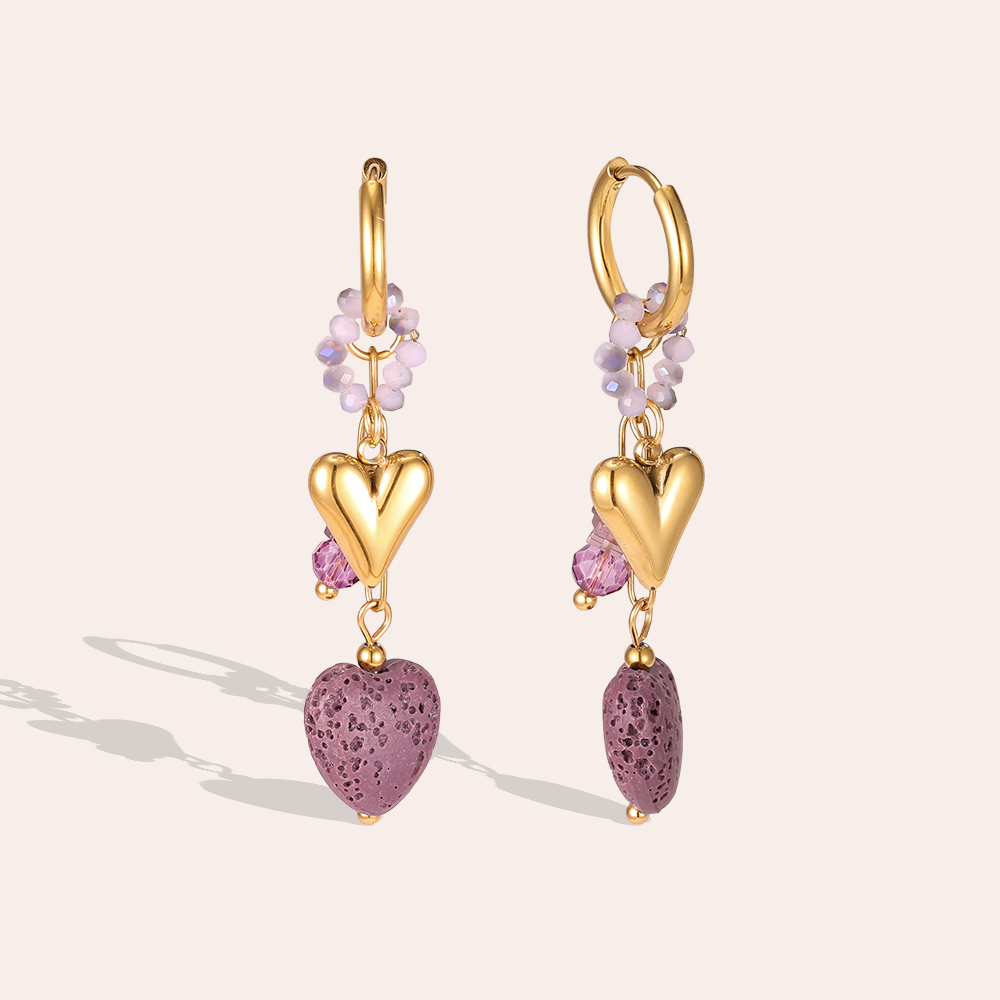 Stainless steel earrings: 56mm heart made of lava stone with crystal