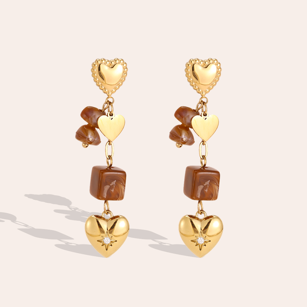 Stainless steel earrings, 53 × 12 mm, with gold hearts and brown decorative details