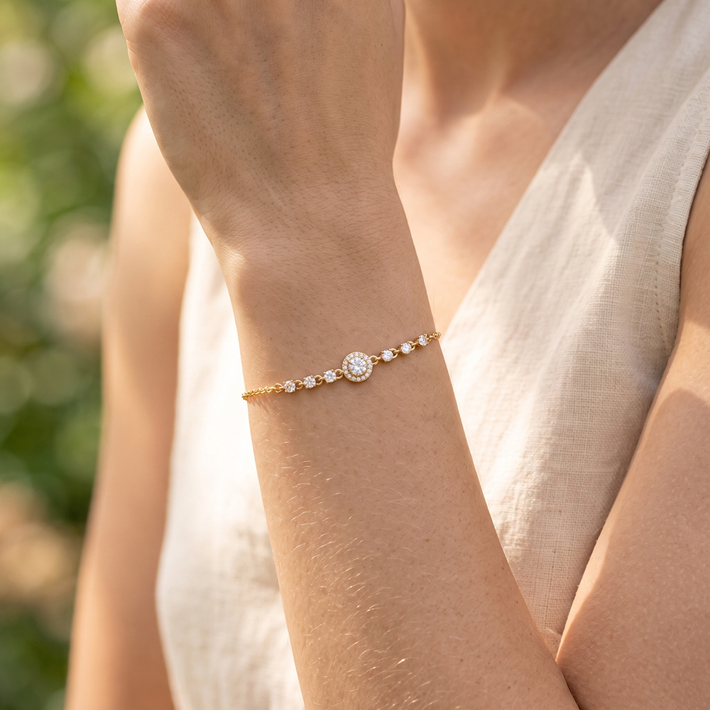 Stainless steel bracelet, 17 cm, with sparkling cubic zirconia