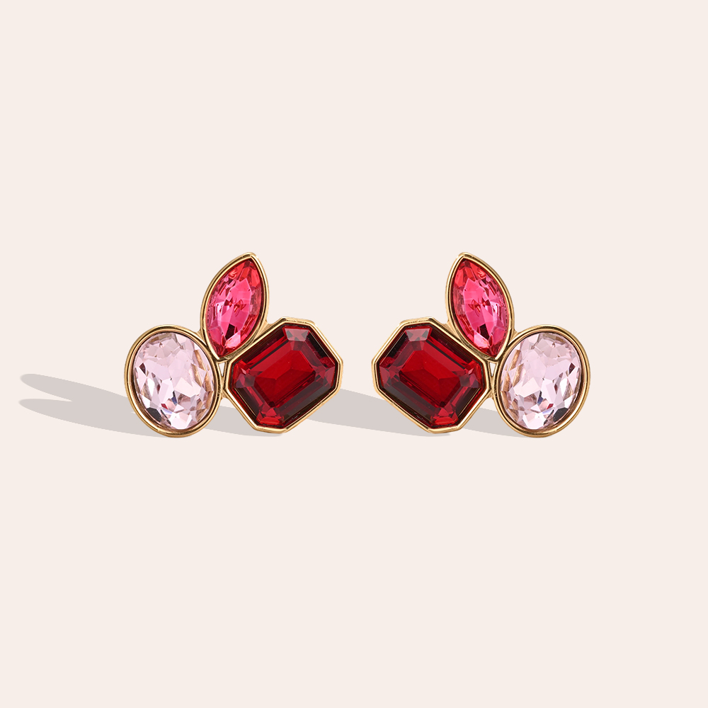 Stainless steel earrings, 21×22 mm, with three glass stones in different colours 