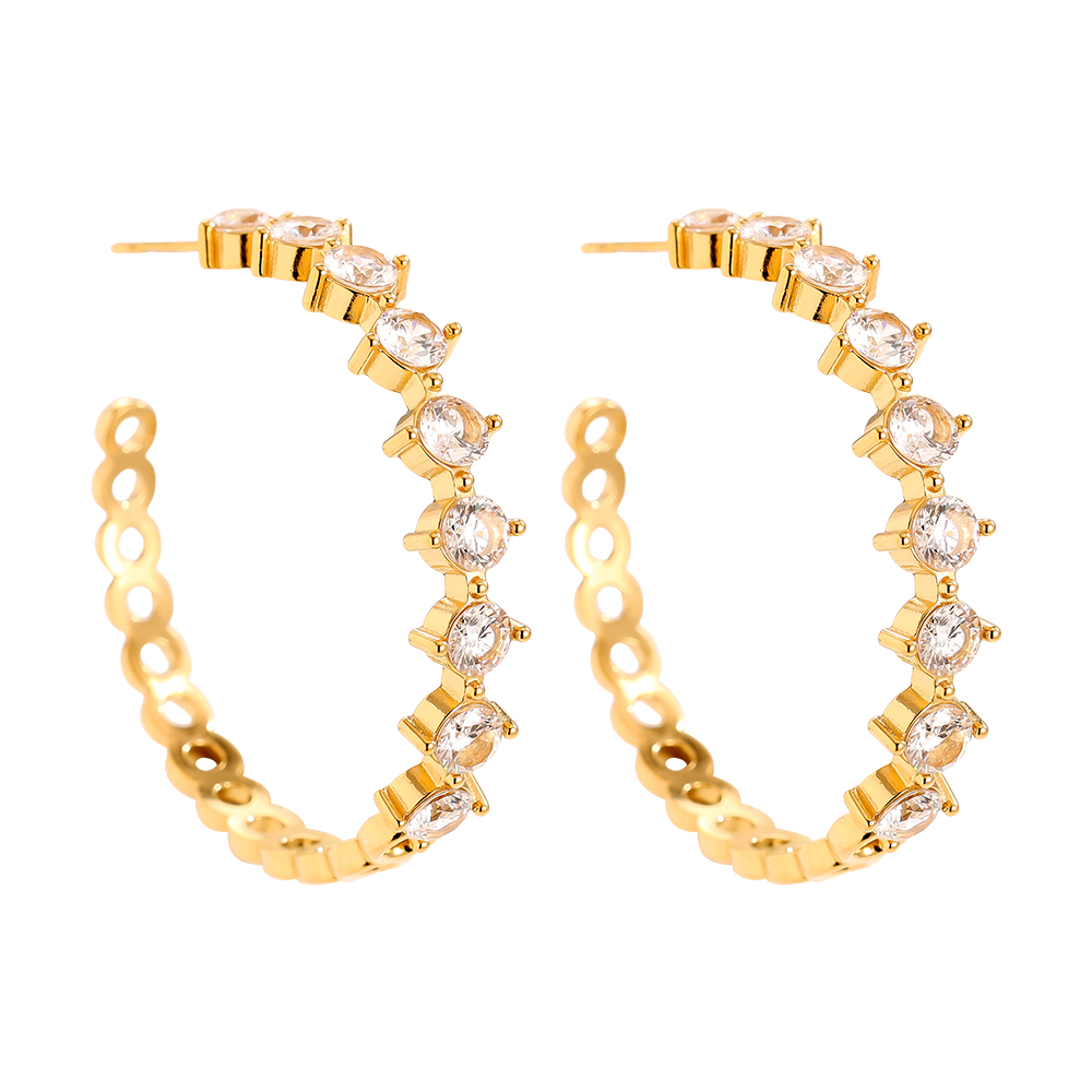 Stainless steel earrings, 40mm, C-shaped cubic zirconia