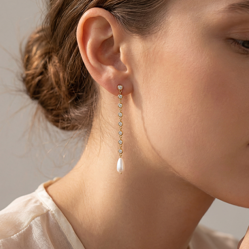 Stainless steel earrings, 8.9 × 8 mm, long pendant with a round rhinestone and a teardrop-shaped pearl