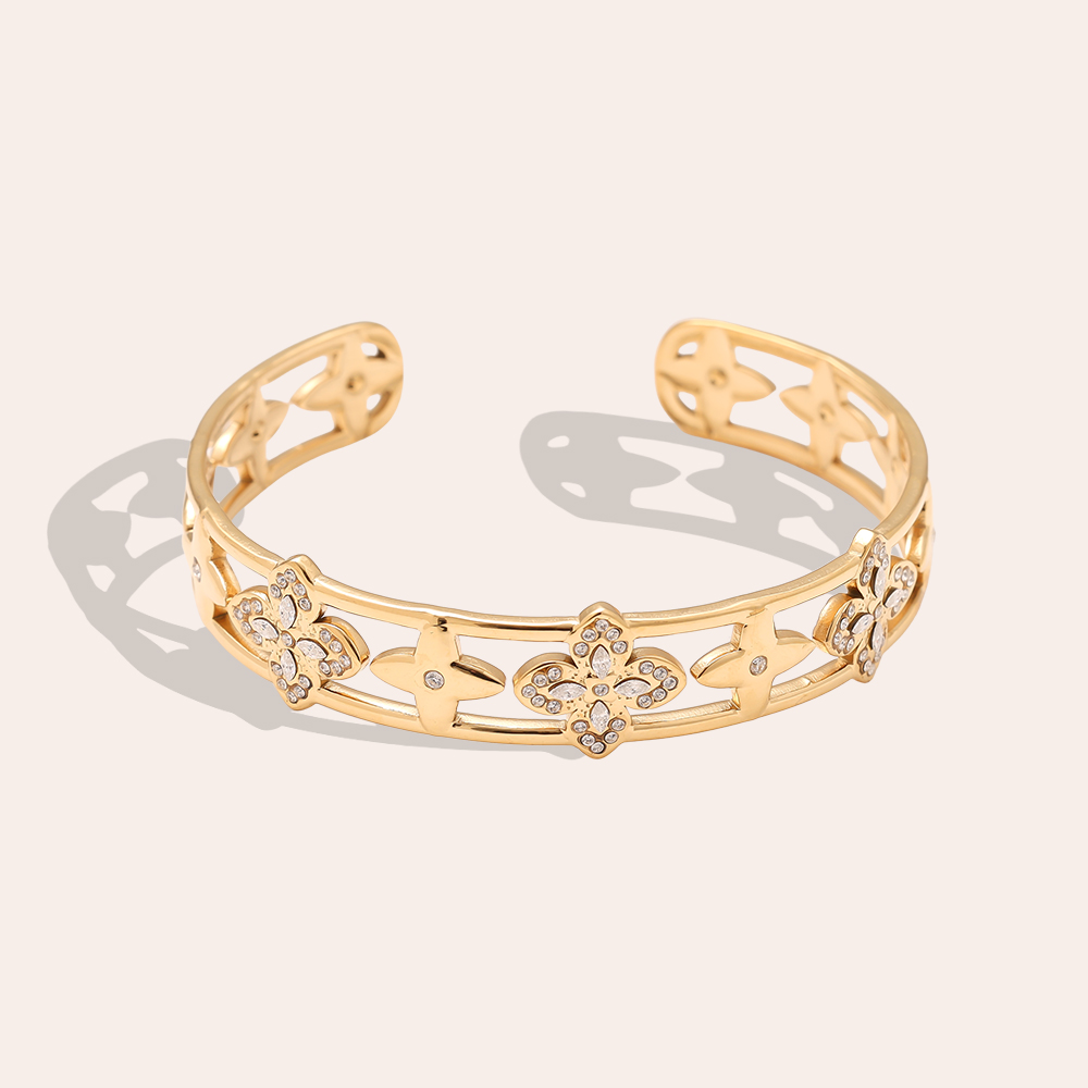 Stainless steel bangle Adjustable Nice Diamond Lucky Flower