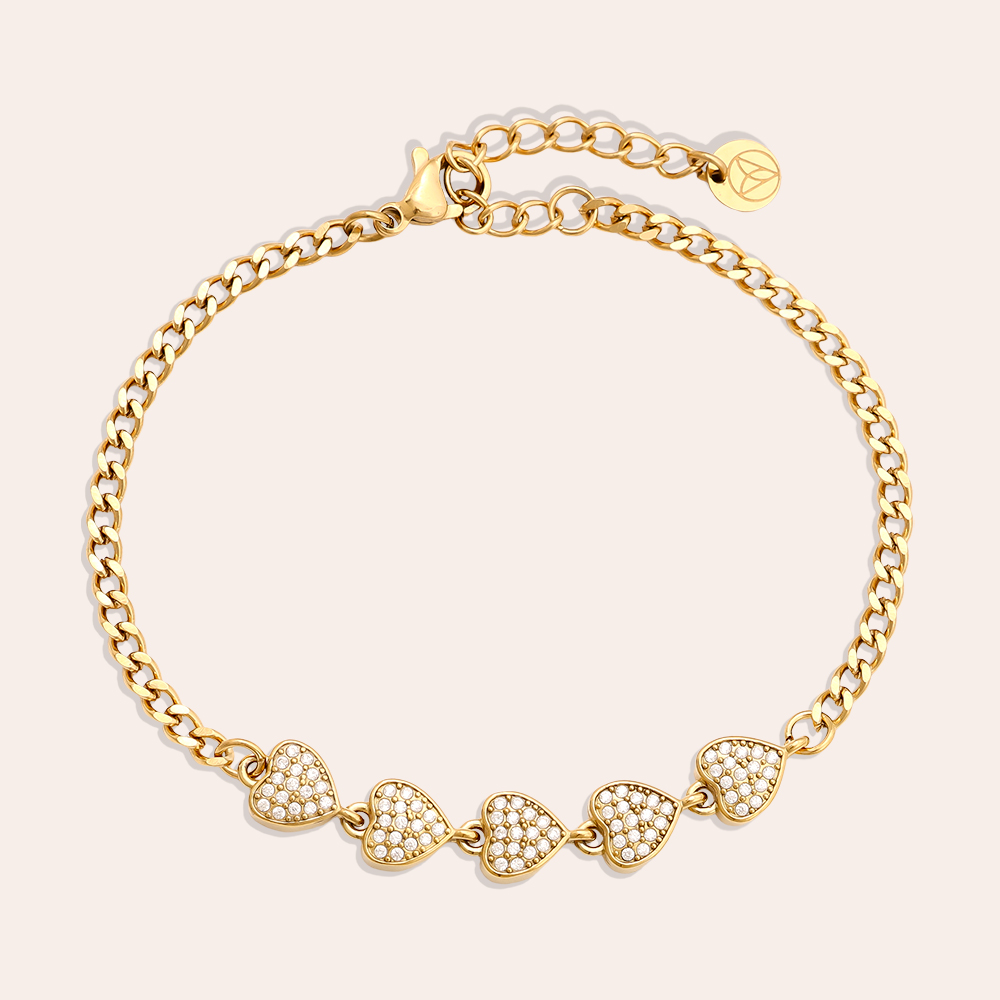 Stainless steel bracelet, 16 cm, with 5 zirconia hearts