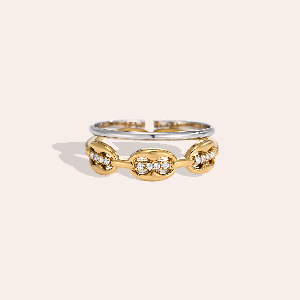 Stainless Steel Ring, Adjustable, Oval Links, Zirconia, Multi-row