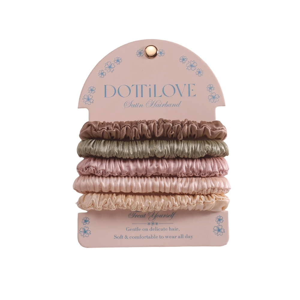 Set of 5 light-coloured pastel satin fine scrunchies     