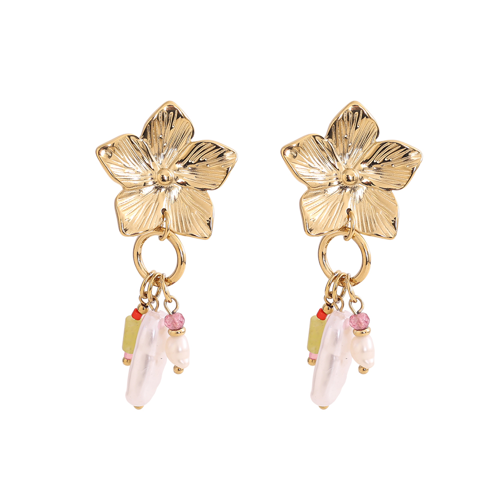 Stainless steel earrings 50mm flowers freshwater pearls and natural stone