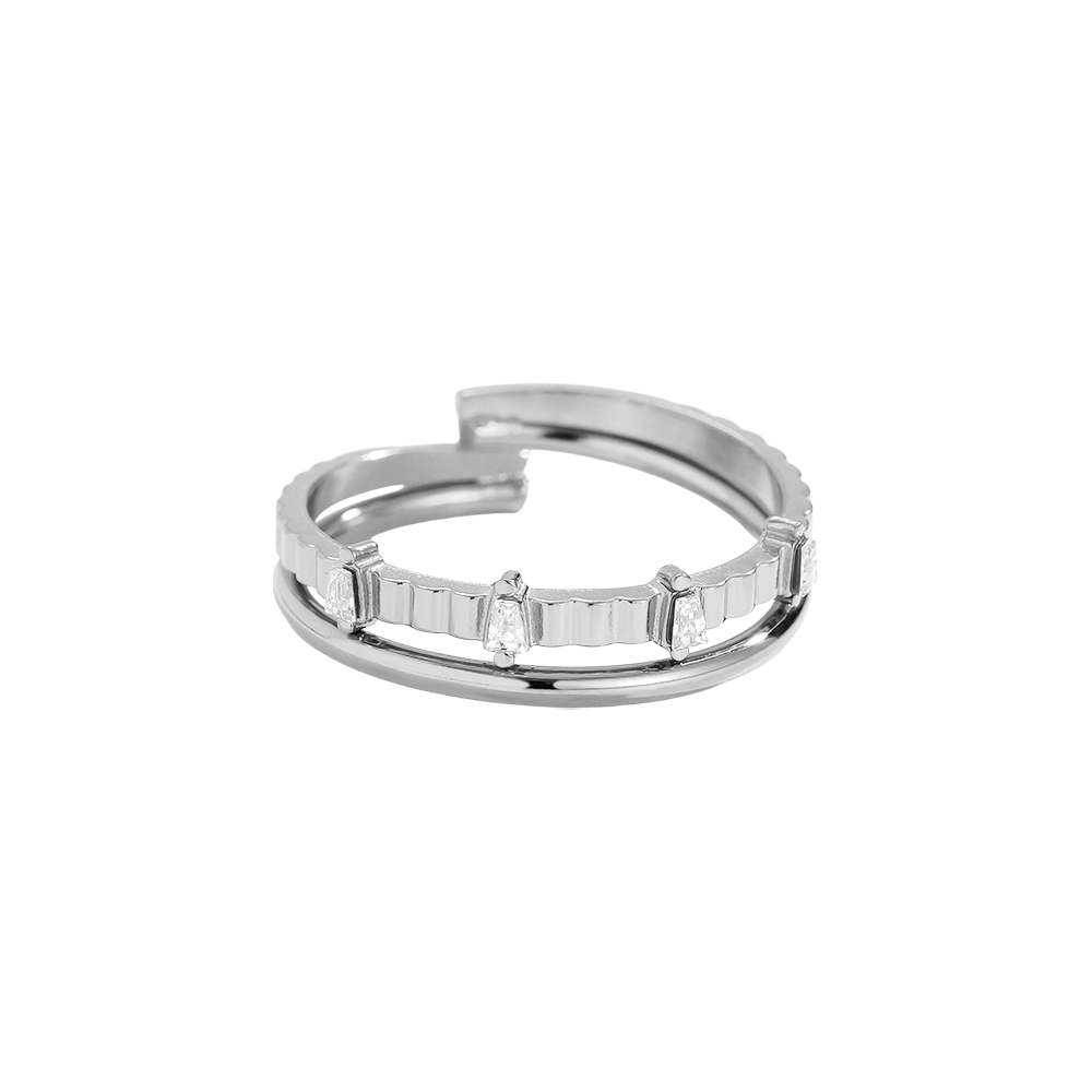 Stainless steel ring, adjustable, double-layered, with several cubic zirconia stones