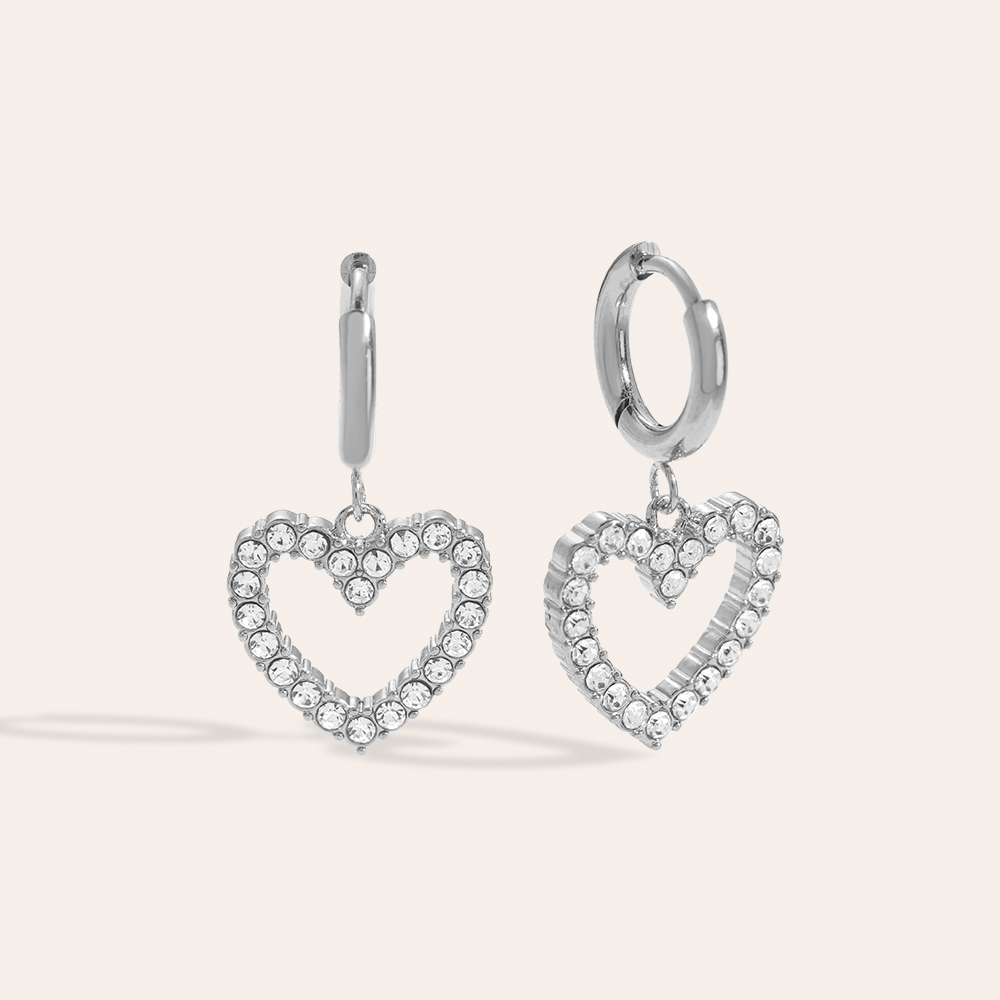 Single Diamond Hollow Heart Stainless Steel Earrings   