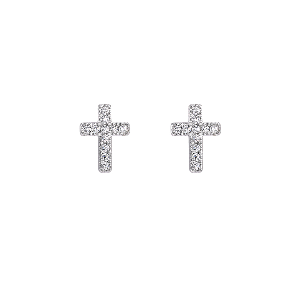 Stainless steel earrings, 12mm, cubic zirconia cross