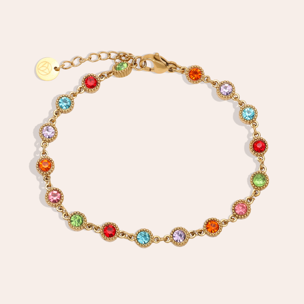 Stainless steel bracelet, 17 cm, with lots of colourful, sparkling cubic zirconia    