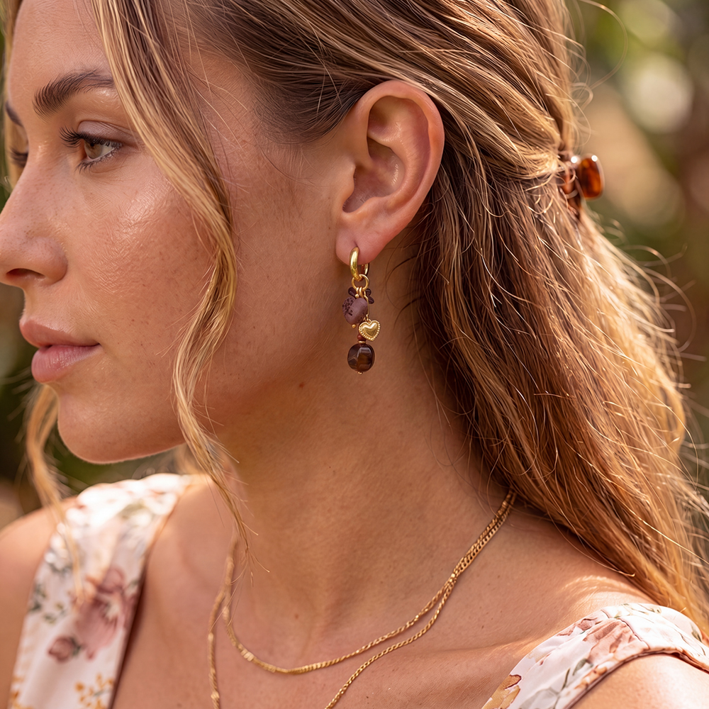 Stainless steel earrings: 57mm heart made of lava stone with a brown crystal  
