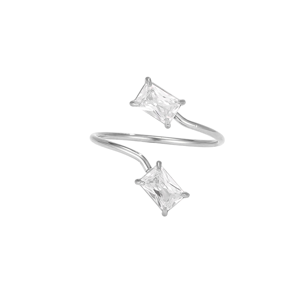 Stainless steel ring, adjustable, with two rectangular zirconia stones