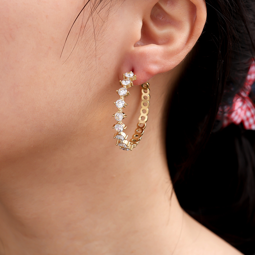 Stainless steel earrings, 40mm, C-shaped cubic zirconia