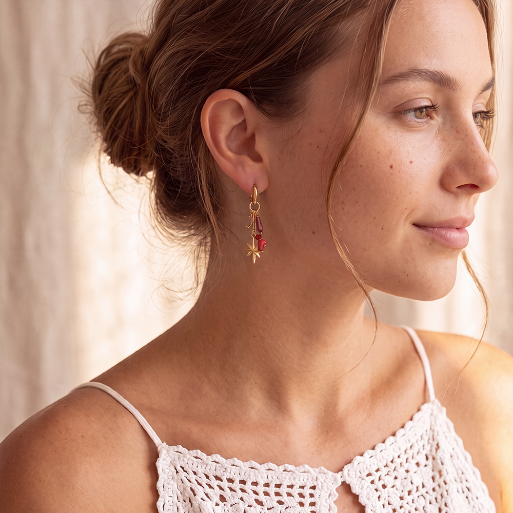 Stainless steel earrings, 49mm star with red crystal