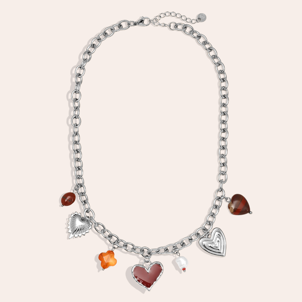 Stainless steel necklace 40cm Red Heart And Charms