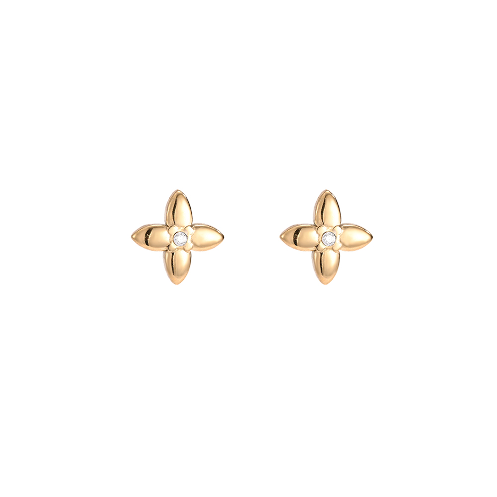 Stainless steel earrings, 5.6 mm, cubic zirconia, four-leaf clover