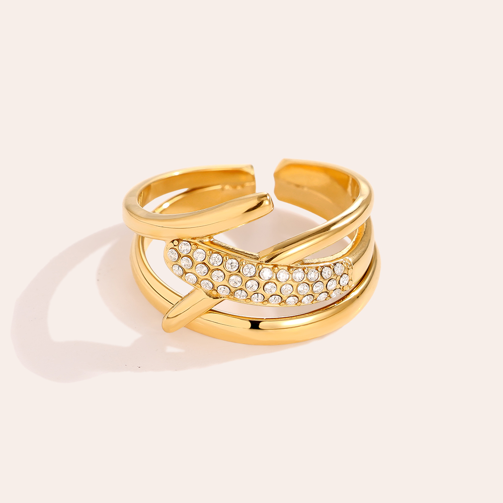 Stainless Steel Ring, Adjustable, with Zirconia, Multi-row, Crossed Design