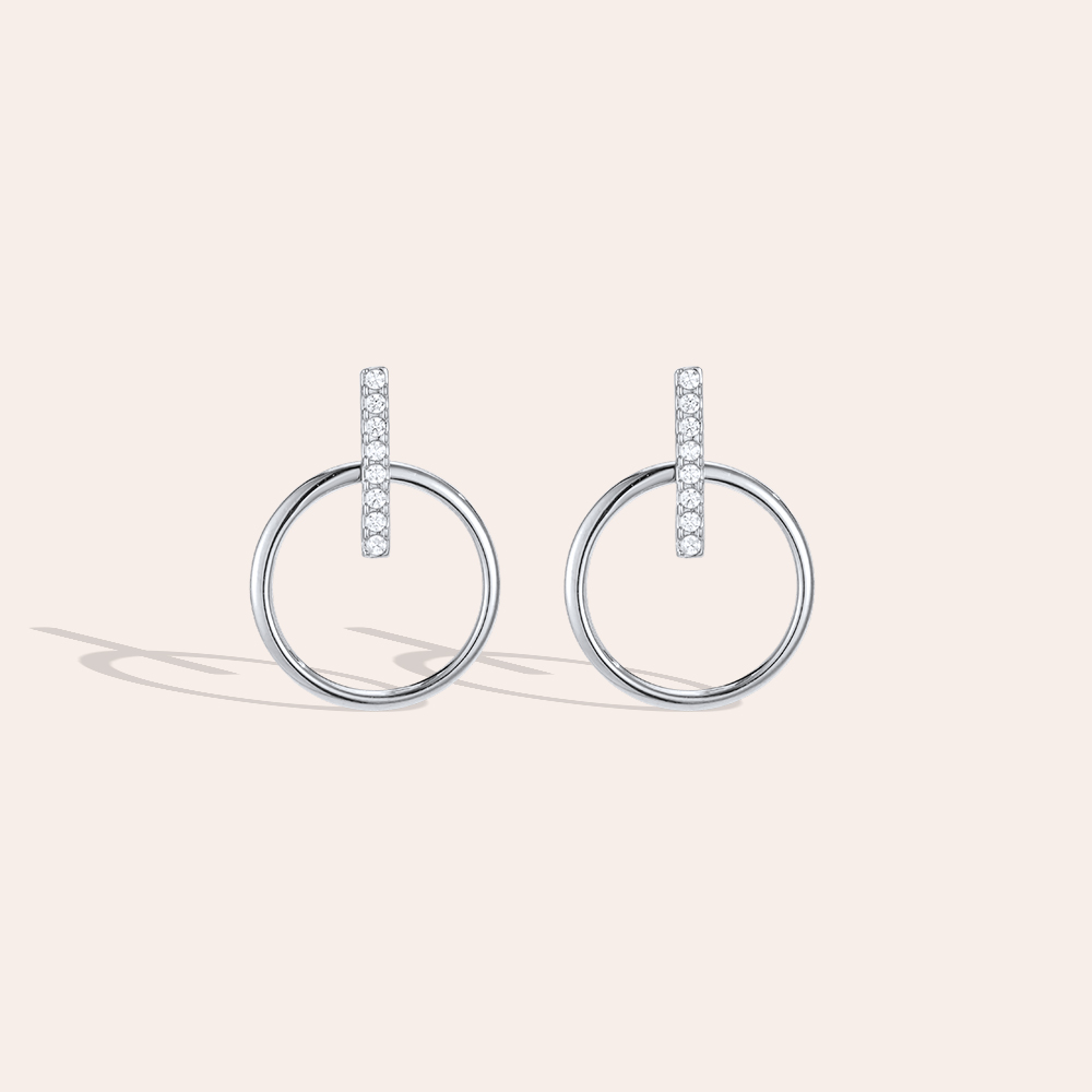 Stainless steel earrings, 20 mm, with cubic zirconia and a ring