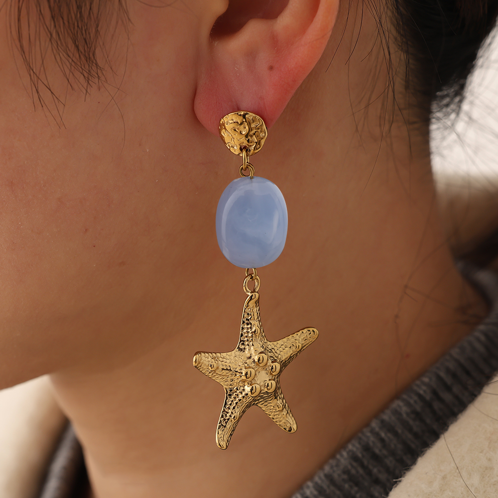Stainless steel earrings 7cm large starfish and green acrylic