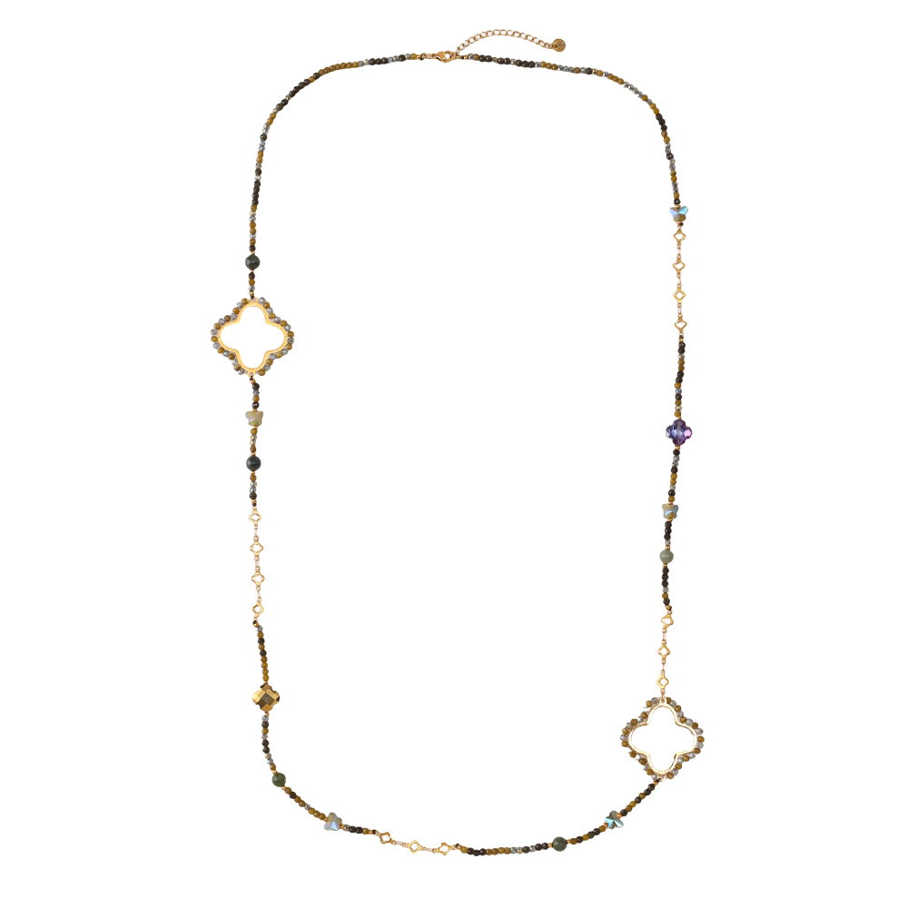 Stainless steel necklace 96cm cloverleaf and crystals
