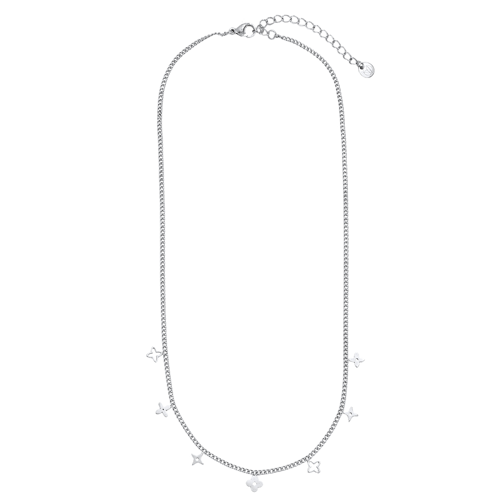 Stainless steel necklace, 38cm, featuring various four-leaf clovers