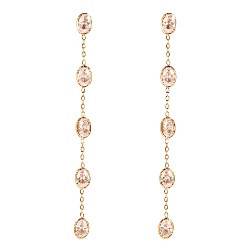 Stainless steel earrings, 7.4 × 5 mm, with lots of oval-shaped rhinestones