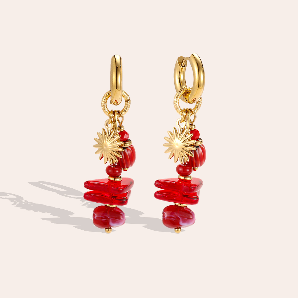 Stainless steel earrings, 48 × 14 mm, gold heart with red decoration