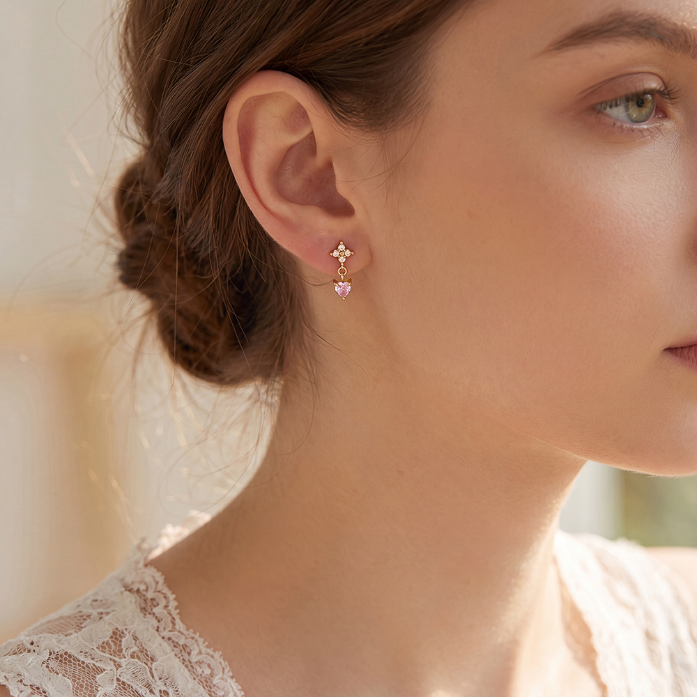 Stainless steel earrings, 11mm, mini cubic zirconia, flower, cloverleaf and heart shapes