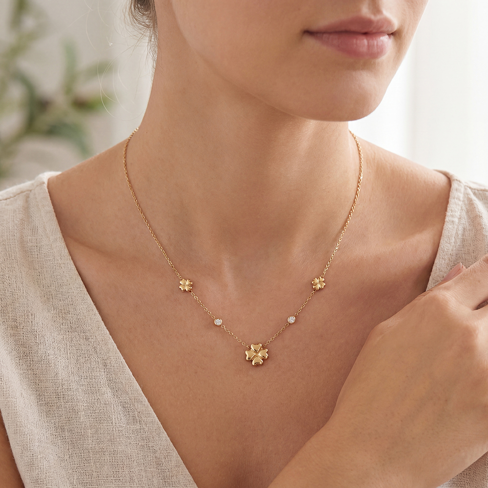 Stainless steel necklace, 41cm, four-leaf clover with zirconia dots