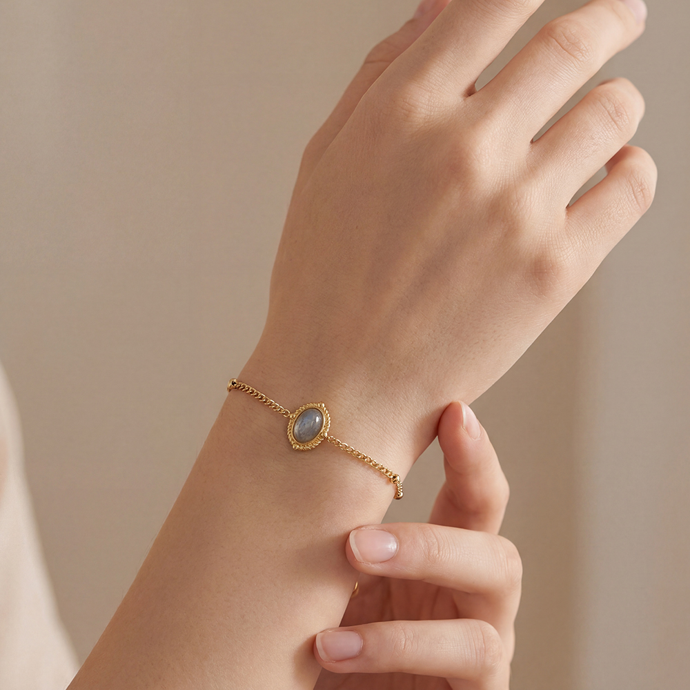 Stainless steel bracelet, 17 cm, with oval natural stones
