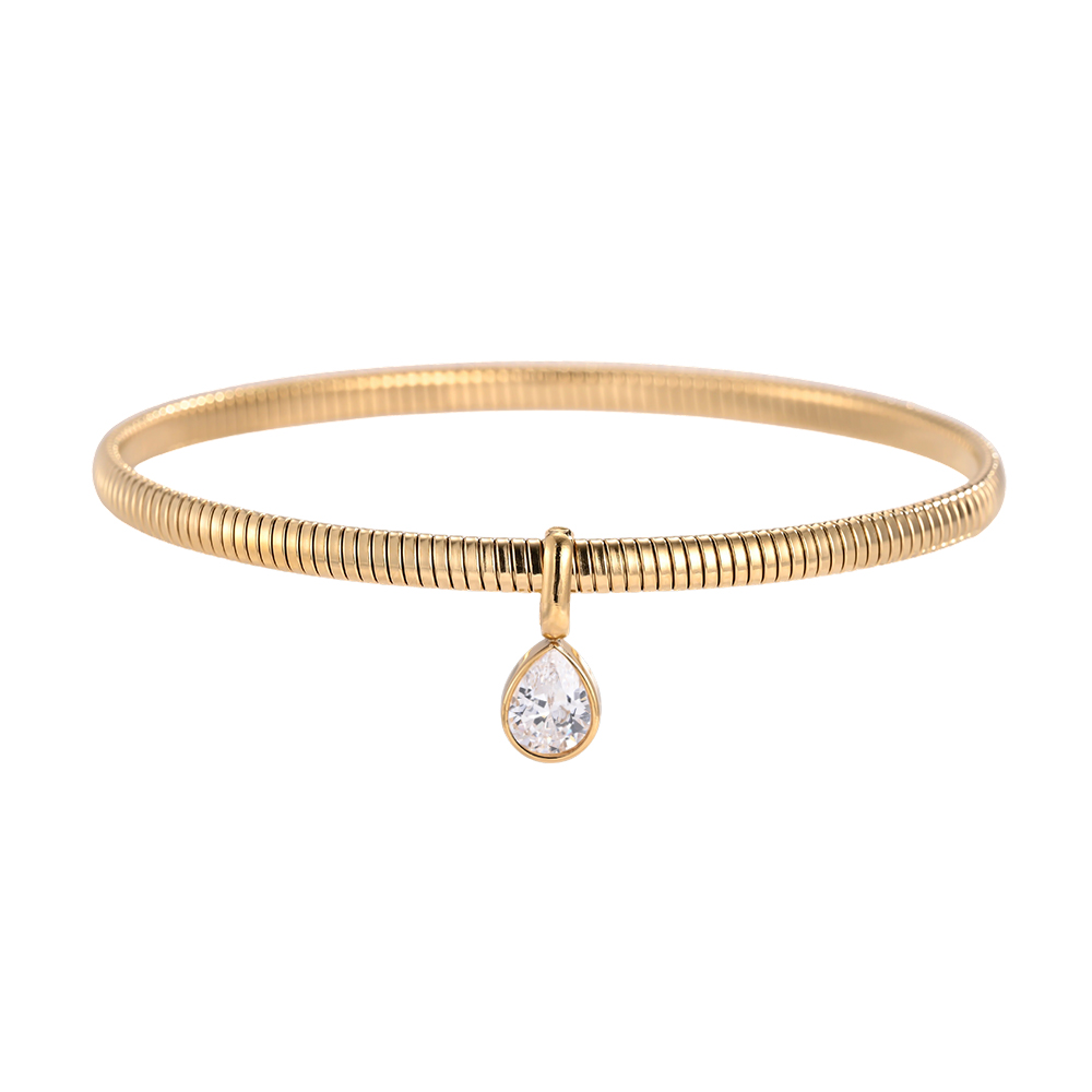 Stainless steel bangle, 6.2 cm, gold-coloured with teardrop-shaped cubic zirconia 