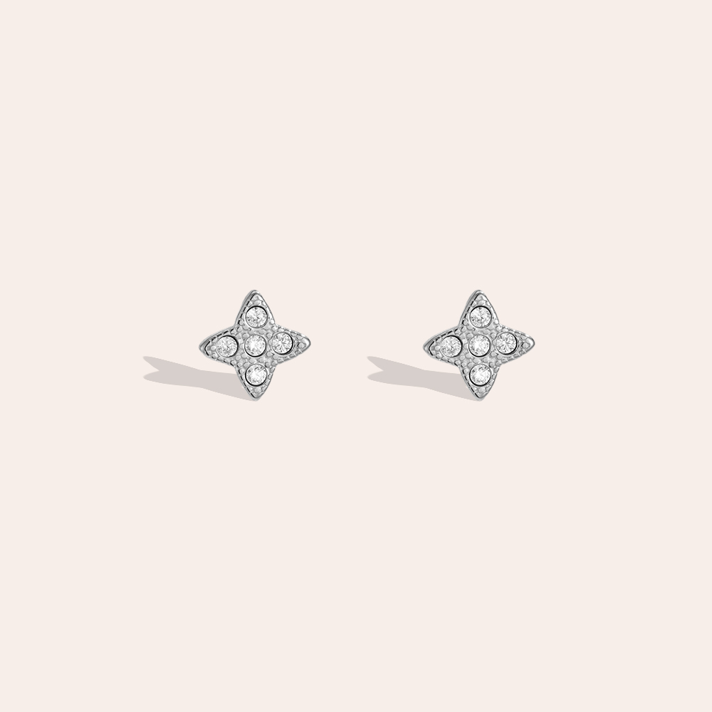 Stainless steel earrings, 5 mm, with delicate cubic zirconia in a cloverleaf design