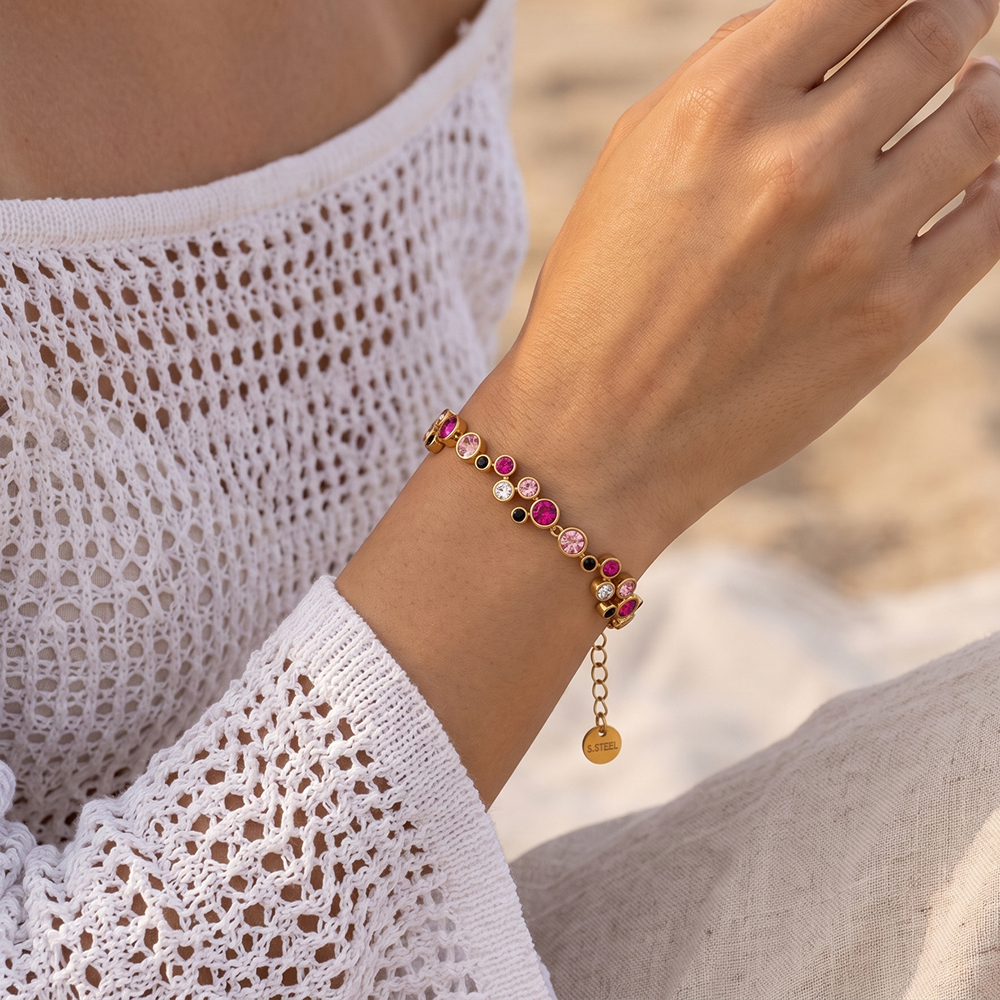 Stainless steel bracelet, 17 cm, with lots of round cubic zirconia stones