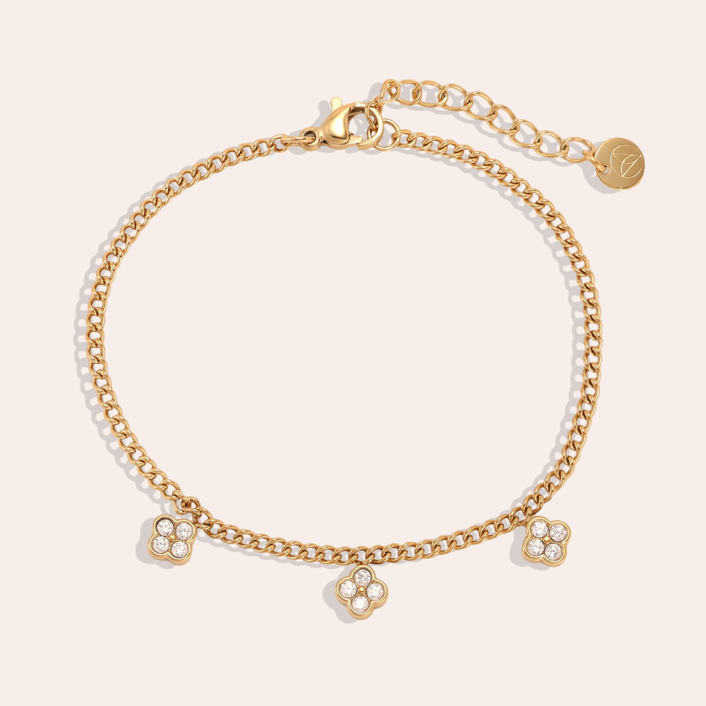 Stainless steel bracelet, 17 cm, with three shamrocks and cubic zirconia