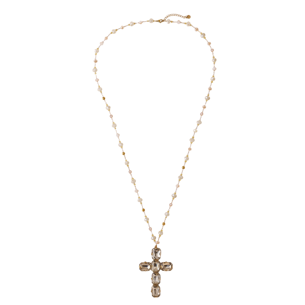 Stainless steel necklace 86cm glass crystal cross 