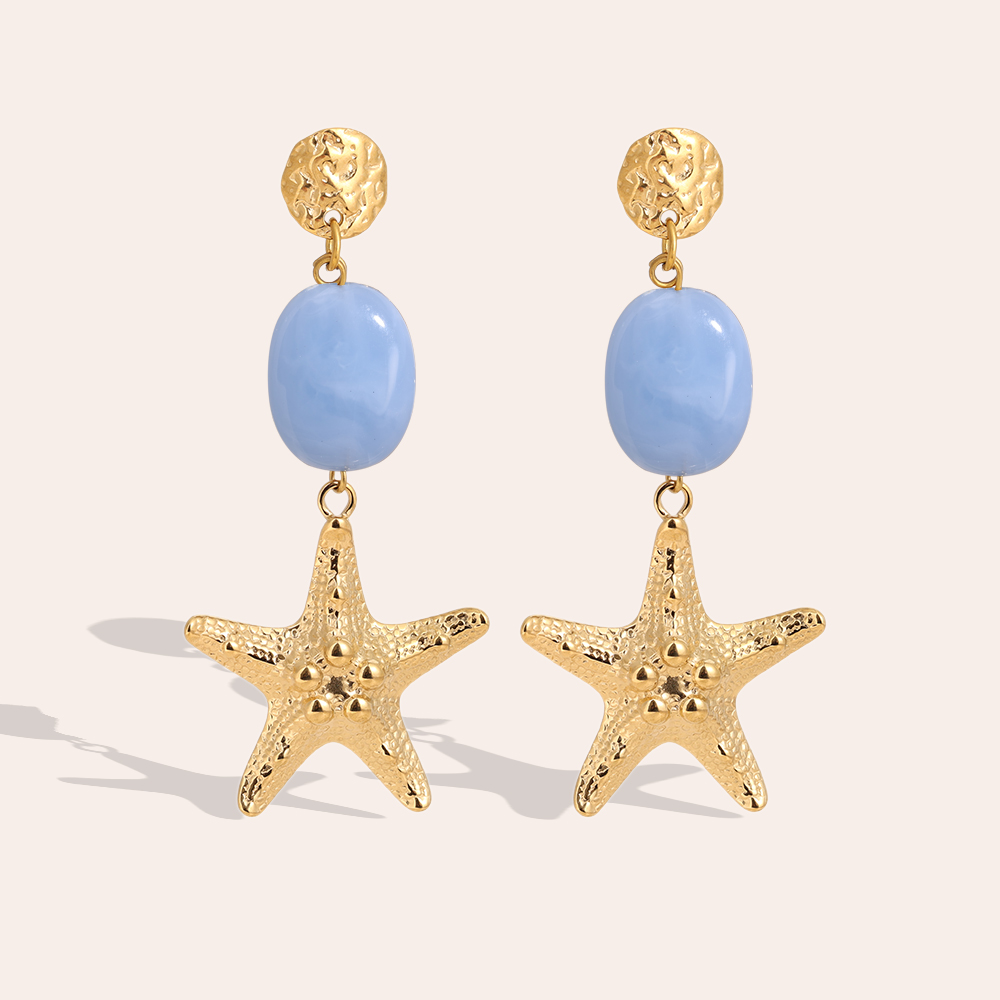 Stainless steel earrings 7cm large starfish and green acrylic